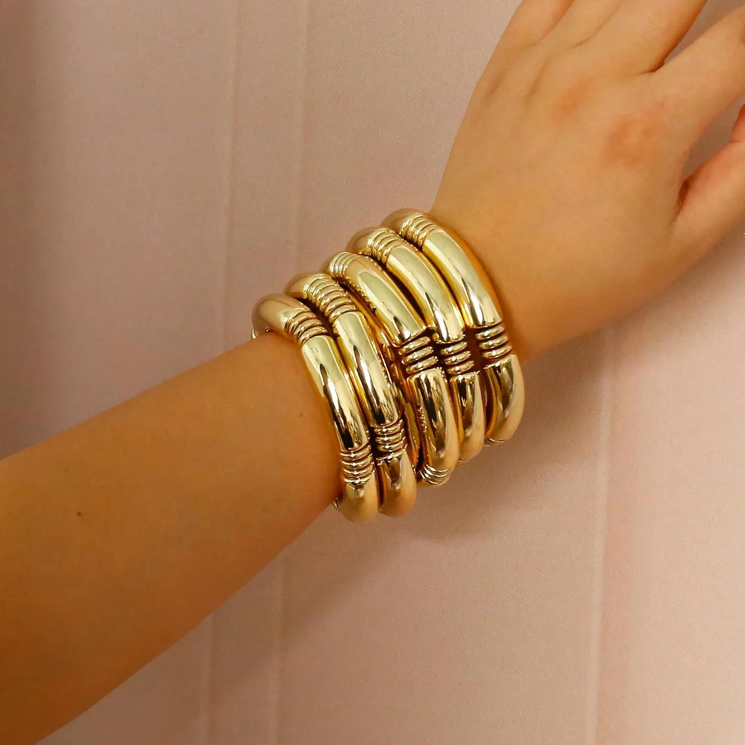 Gold Chunky Bangles Bracelets For Women 14k Gold Plated Stack Layered Curved Bamboo Tube Stretch Bracelets Gift Jewelry