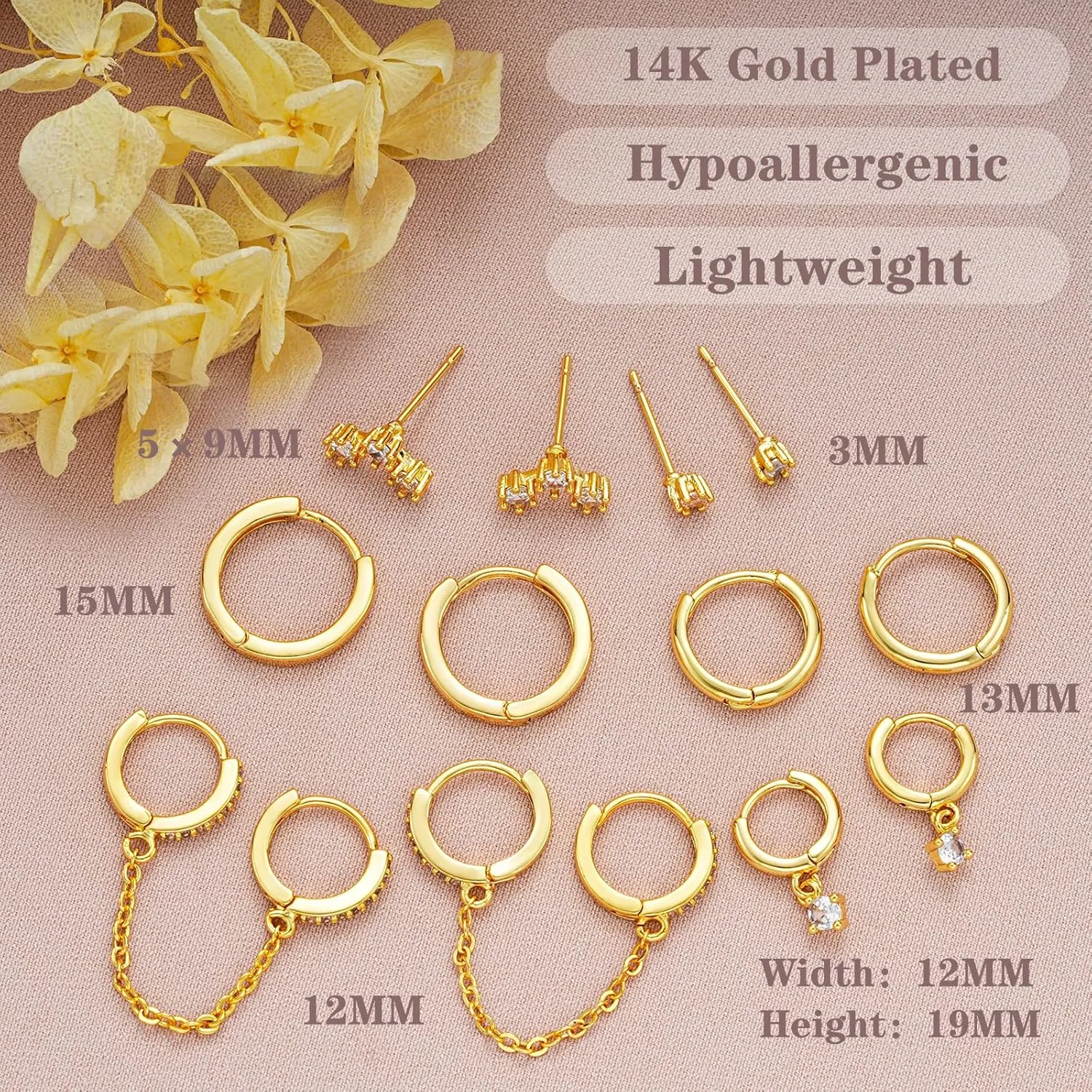 Gold Earrings Set for Women, 14K Gold Plated Stud and Cartilage Earring Sets for Multiple Piercing, Hypoallergenic Stackable Small Gold Huggie Hoop Earrings for Women Jewelry