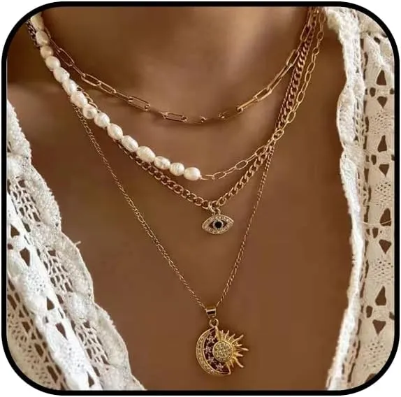 Gold Evil Eye Necklace for Women Sun and Moon Necklace Layered Baroque Pearl Necklace Chunky Gold Choker Necklace Paper Clip Necklace Jewelry