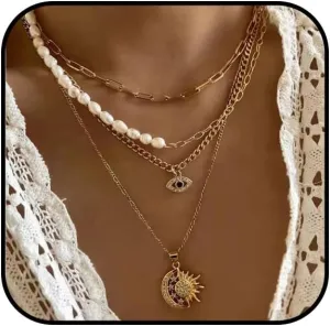 Gold Evil Eye Necklace for Women Sun and Moon Necklace Layered Baroque Pearl Necklace Chunky Gold Choker Necklace Paper Clip Necklace Jewelry