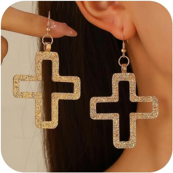 Gold Geometric Cross Dangle Earrings for Women Vintage Hollow Crucifix Christian Drop Dangly Earrings Chunky Large Catholicism Faith Statement Jewelry