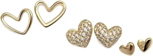 Gold heart stud earrings for women in bulk with cute dainty 925 Sterling Silver- 3 Pair Set of Hypoallergenic Zinc Alloy for everyday wear or vacation summer prom or comfort with posts and are lightweight
