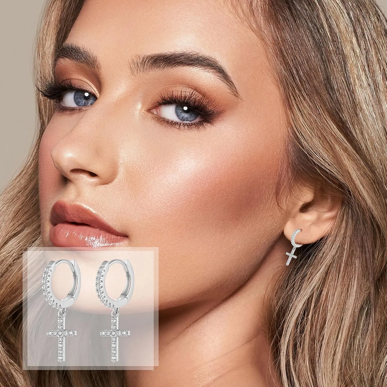 Gold Hoop Earrings for Women 14K Gold Plated Huggie Hoop Earring Diamond Cut Cubic Zirconia Cross Huggie Earrings Hypoallergenic Dangle Earrings Jewelry Gift for Girls and Ladies (Cross-Silver)