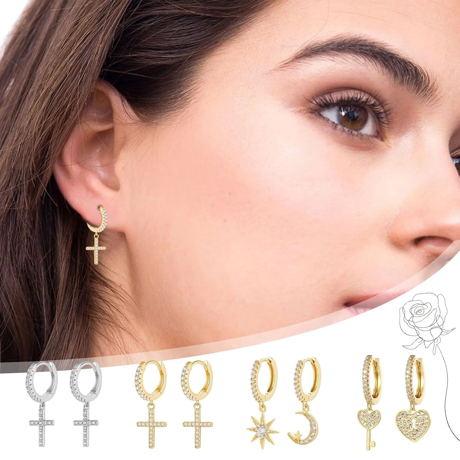 Gold Hoop Earrings for Women 14K Gold Plated Huggie Hoop Earring Diamond Cut Cubic Zirconia Cross Huggie Earrings Hypoallergenic Dangle Earrings Jewelry Gift for Girls and Ladies (Cross-Silver)