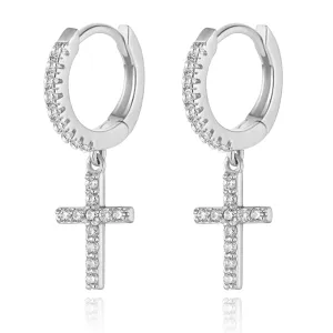 Gold Hoop Earrings for Women 14K Gold Plated Huggie Hoop Earring Diamond Cut Cubic Zirconia Cross Huggie Earrings Hypoallergenic Dangle Earrings Jewelry Gift for Girls and Ladies (Cross-Silver)