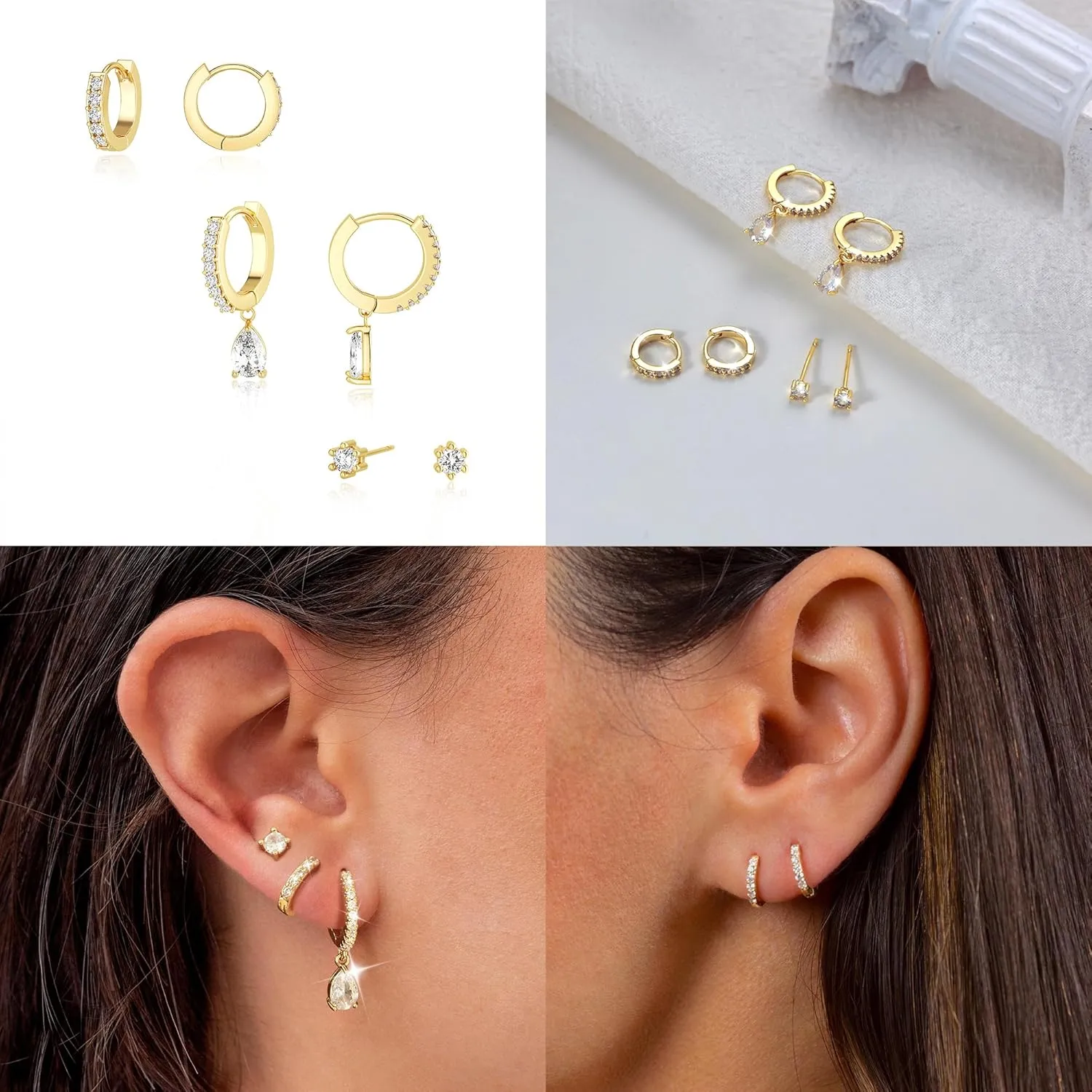 Gold Hoop Earrings for Women, 14K Gold Plated Hypoallergenic Cubic Zirconia Earrings Trendy Small Dainty Gold Hoops Earrings Set Jewelry Multiple Piercing Gifts for Women