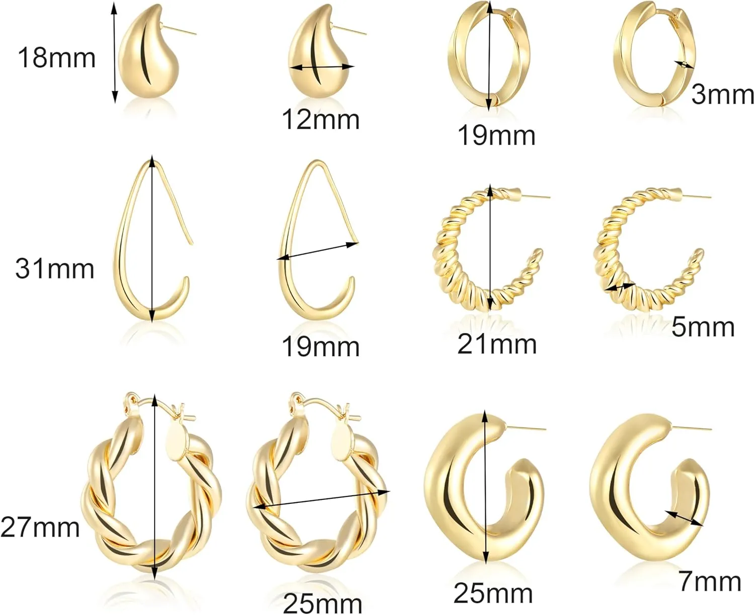Gold Hoop Earrings for Women, 6 Pairs Hypoallergenic Lightweight Chunky Twisted Hoop Earrings - Trendy Jewelry Gifts