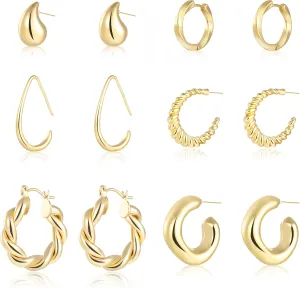 Gold Hoop Earrings for Women, 6 Pairs Hypoallergenic Lightweight Chunky Twisted Hoop Earrings - Trendy Jewelry Gifts
