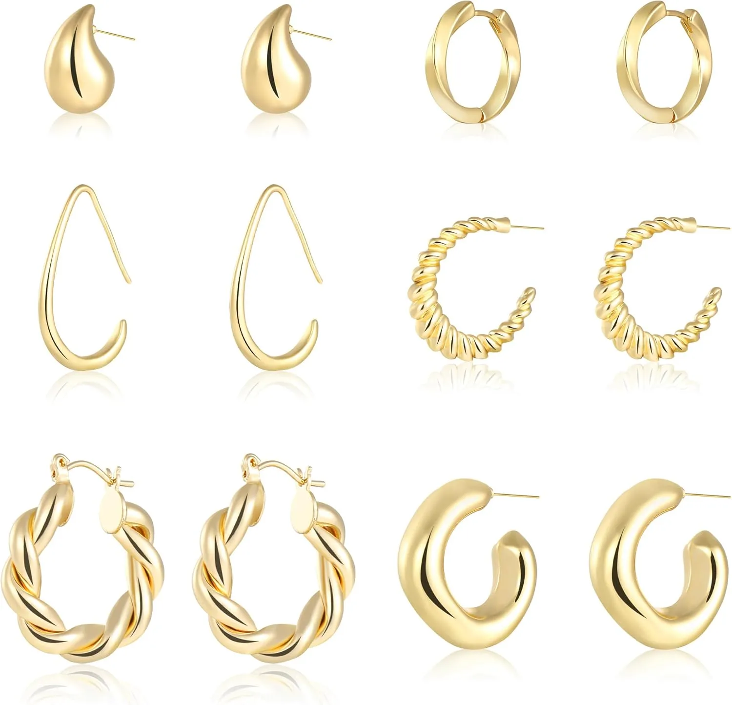 Gold Hoop Earrings for Women, 6 Pairs Hypoallergenic Lightweight Chunky Twisted Hoop Earrings - Trendy Jewelry Gifts