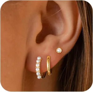 Gold Hoop Earrings for Women, Dainty 14k Gold Plated Drop Small Hoop Pearl Earrings Studs Set Trendy Dangle Cubic Zirconia Huggie Stacks Hypoallergenic Earrings Fashion Jewelry for Women