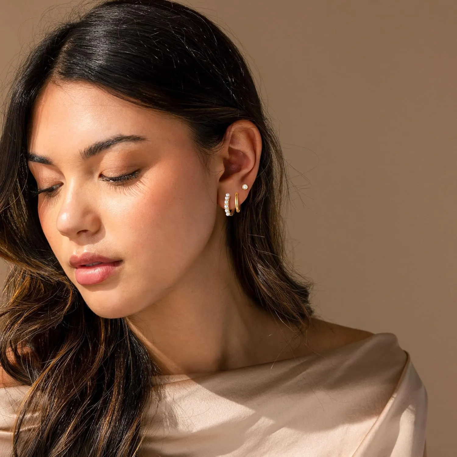 Gold Hoop Earrings for Women, Dainty 14k Gold Plated Drop Small Hoop Pearl Earrings Studs Set Trendy Dangle Cubic Zirconia Huggie Stacks Hypoallergenic Earrings Fashion Jewelry for Women