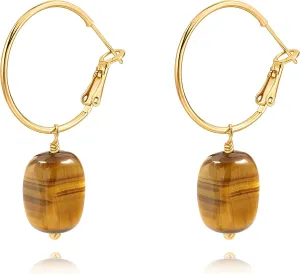 Gold Huggie Hoop Drop Dangle Earrings Turquoise Beads Gemstone Earrings Boho Handmade Lightweight Jewelry for Women
