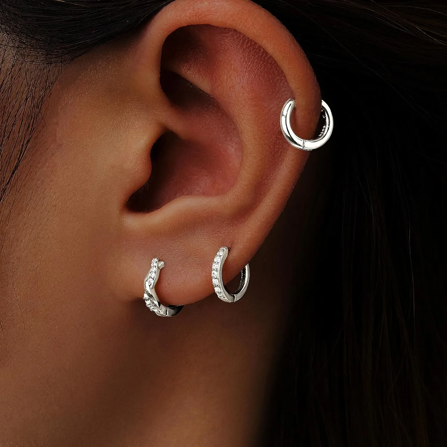 Gold Huggie Hoop Earrings Set for Women, Dainty Small Sterling Silver Earring for Multiple Piercing Hypoallergenic Jewelry, Trendy Twisted CZ Cartilage Earings for Women's Mother Gifts 3Pairs