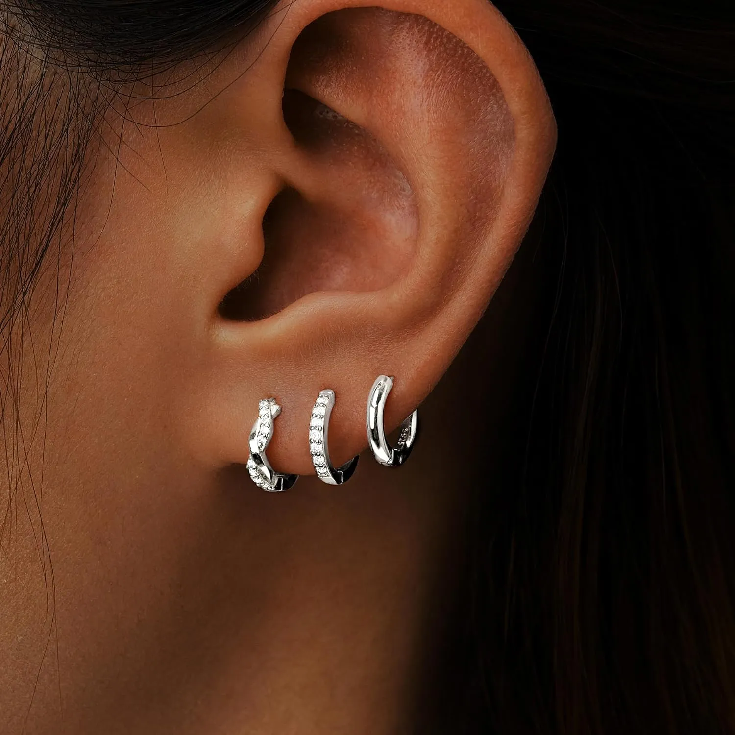 Gold Huggie Hoop Earrings Set for Women, Dainty Small Sterling Silver Earring for Multiple Piercing Hypoallergenic Jewelry, Trendy Twisted CZ Cartilage Earings for Women's Mother Gifts 3Pairs