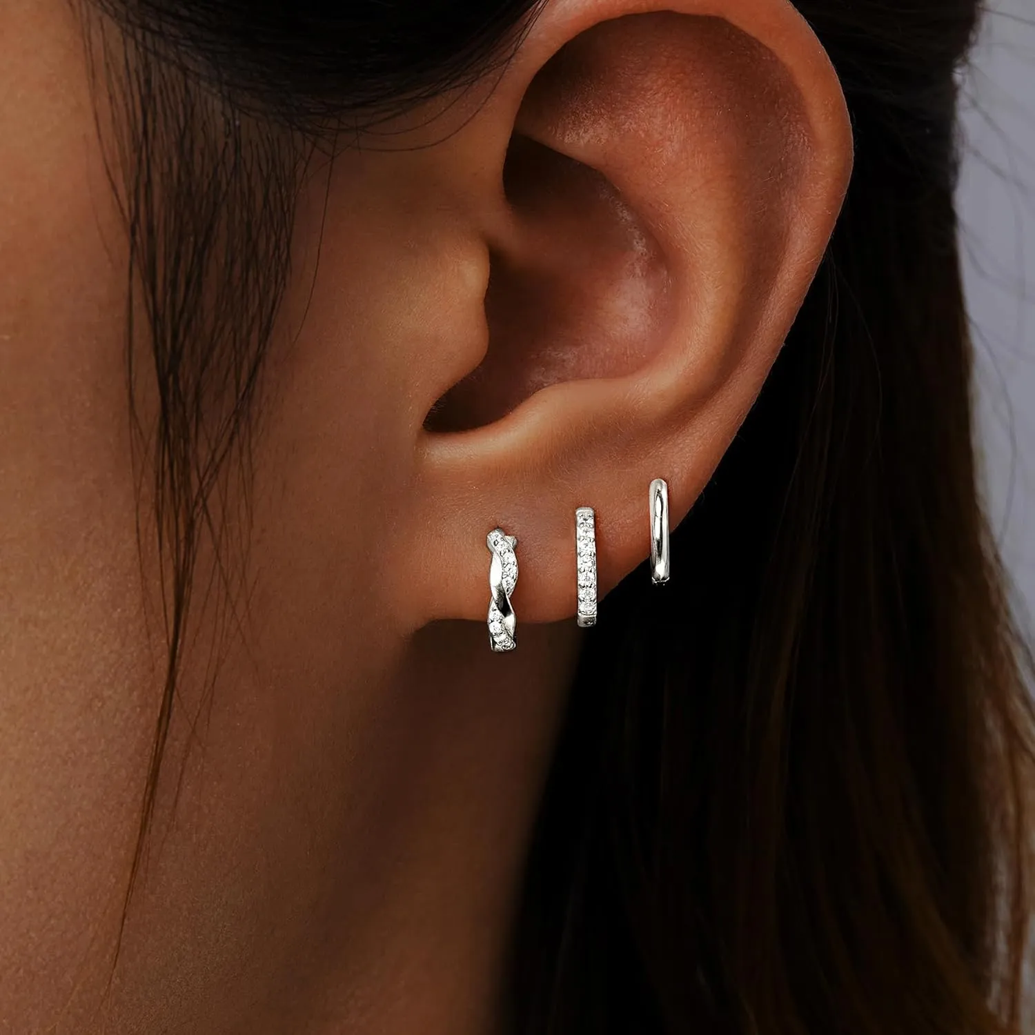 Gold Huggie Hoop Earrings Set for Women, Dainty Small Sterling Silver Earring for Multiple Piercing Hypoallergenic Jewelry, Trendy Twisted CZ Cartilage Earings for Women's Mother Gifts 3Pairs