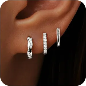 Gold Huggie Hoop Earrings Set for Women, Dainty Small Sterling Silver Earring for Multiple Piercing Hypoallergenic Jewelry, Trendy Twisted CZ Cartilage Earings for Women's Mother Gifts 3Pairs