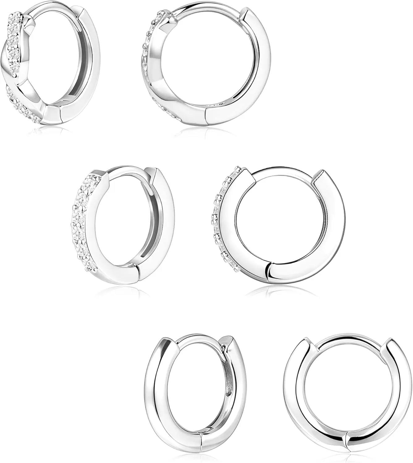 Gold Huggie Hoop Earrings Set for Women, Dainty Small Sterling Silver Earring for Multiple Piercing Hypoallergenic Jewelry, Trendy Twisted CZ Cartilage Earings for Women's Mother Gifts 3Pairs