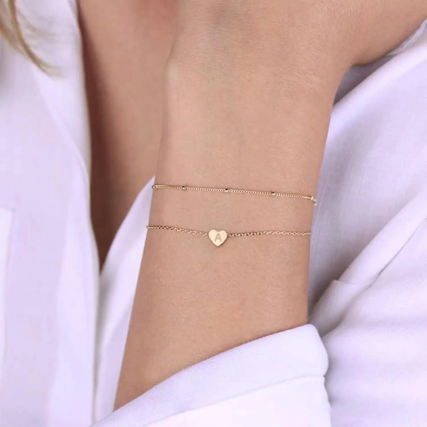 Gold Initial Bracelets for Women, 18K Gold Plated Letter A-Z Initial Bracelet Heart Bracelet Stacks Cute Monogram Bracelet Dainty Gold Bracelets for Women Jewelry Gifts for Women Teen Girls