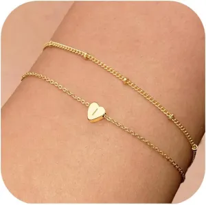 Gold Initial Bracelets for Women, 18K Gold Plated Letter A-Z Initial Bracelet Heart Bracelet Stacks Cute Monogram Bracelet Dainty Gold Bracelets for Women Jewelry Gifts for Women Teen Girls