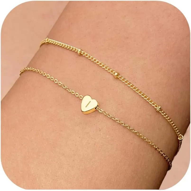 Gold Initial Bracelets for Women, 18K Gold Plated Letter A-Z Initial Bracelet Heart Bracelet Stacks Cute Monogram Bracelet Dainty Gold Bracelets for Women Jewelry Gifts for Women Teen Girls