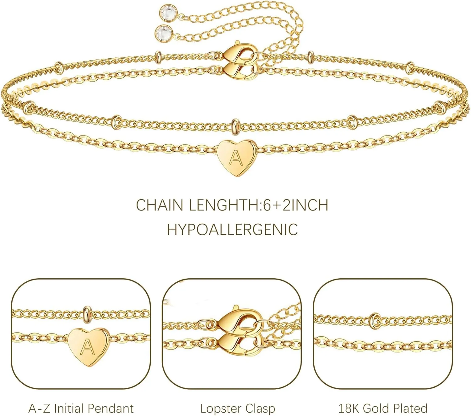 Gold Initial Bracelets for Women, 18K Gold Plated Letter A-Z Initial Bracelet Heart Bracelet Stacks Cute Monogram Bracelet Dainty Gold Bracelets for Women Jewelry Gifts for Women Teen Girls
