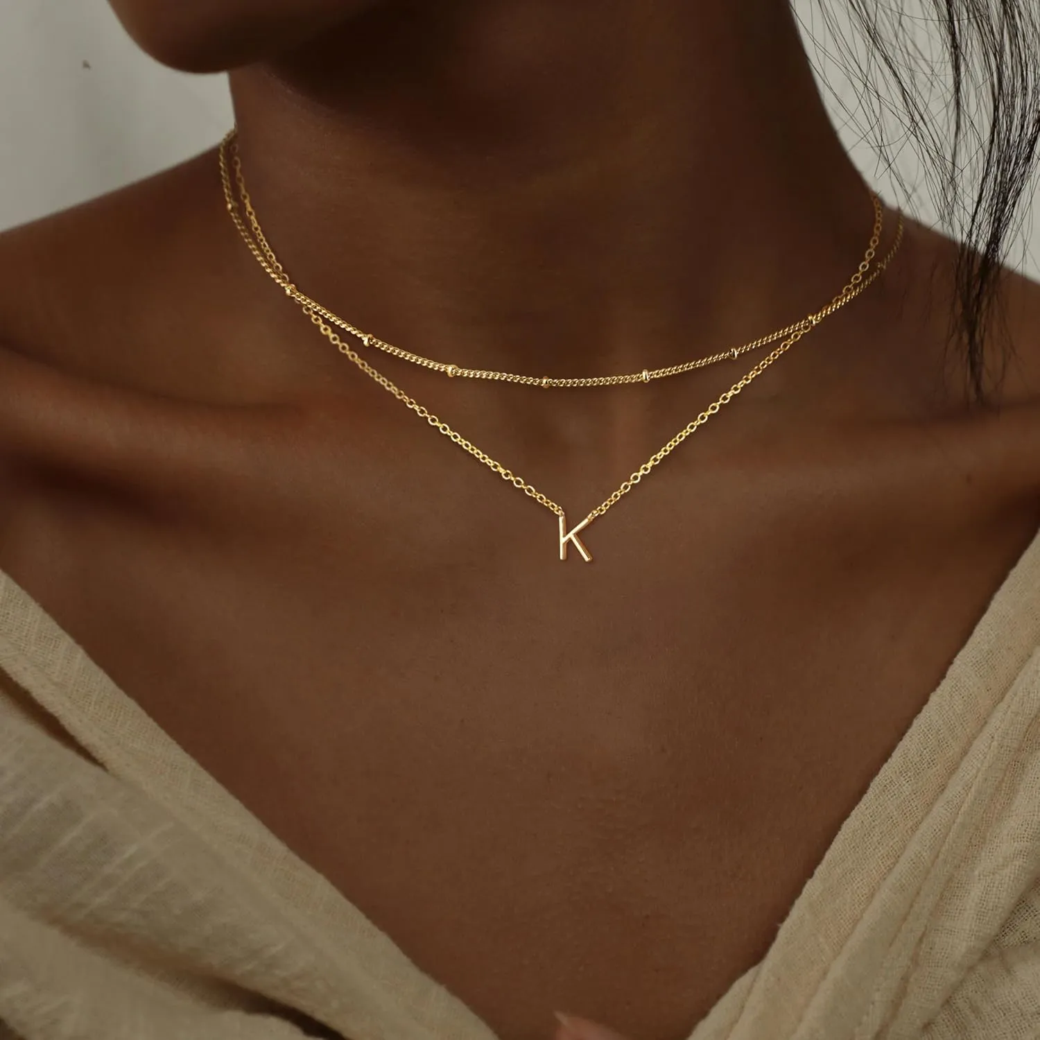 Gold Initial Necklaces for Women, Dainty 14K Gold Plated Layering Satellite Chain Necklace Personalized Cute A-Z Letter Name Pendant Necklace Gold Layered Necklaces for Women Jewelry Gift