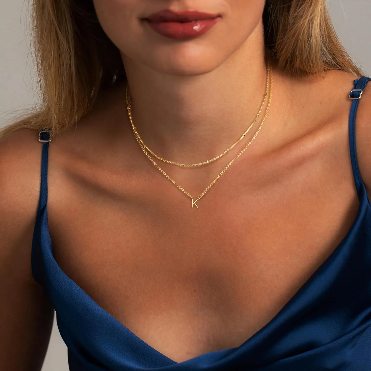 Gold Initial Necklaces for Women, Dainty 14K Gold Plated Layering Satellite Chain Necklace Personalized Cute A-Z Letter Name Pendant Necklace Gold Layered Necklaces for Women Jewelry Gift