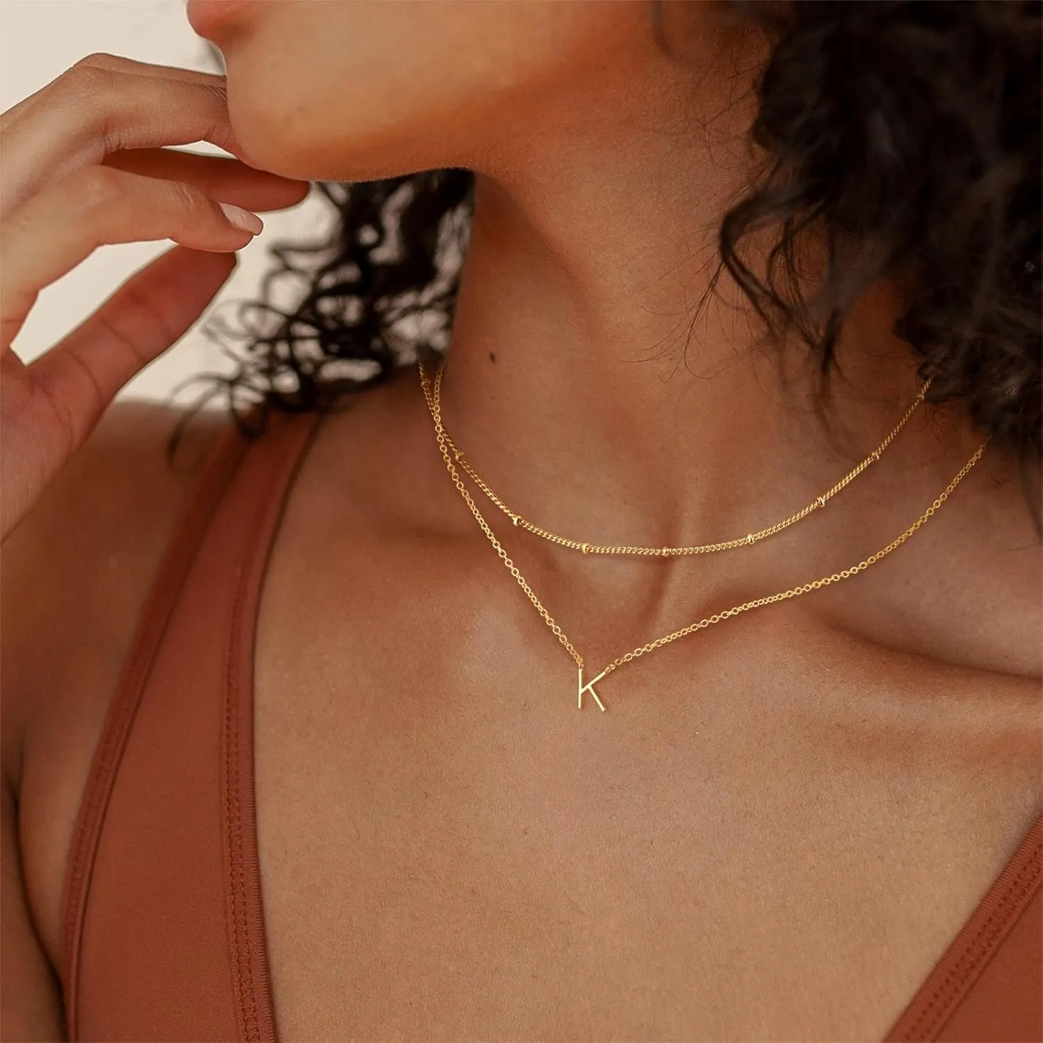 Gold Initial Necklaces for Women, Dainty 14K Gold Plated Layering Satellite Chain Necklace Personalized Cute A-Z Letter Name Pendant Necklace Gold Layered Necklaces for Women Jewelry Gift