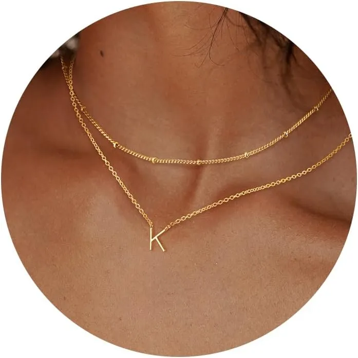 Gold Initial Necklaces for Women, Dainty 14K Gold Plated Layering Satellite Chain Necklace Personalized Cute A-Z Letter Name Pendant Necklace Gold Layered Necklaces for Women Jewelry Gift
