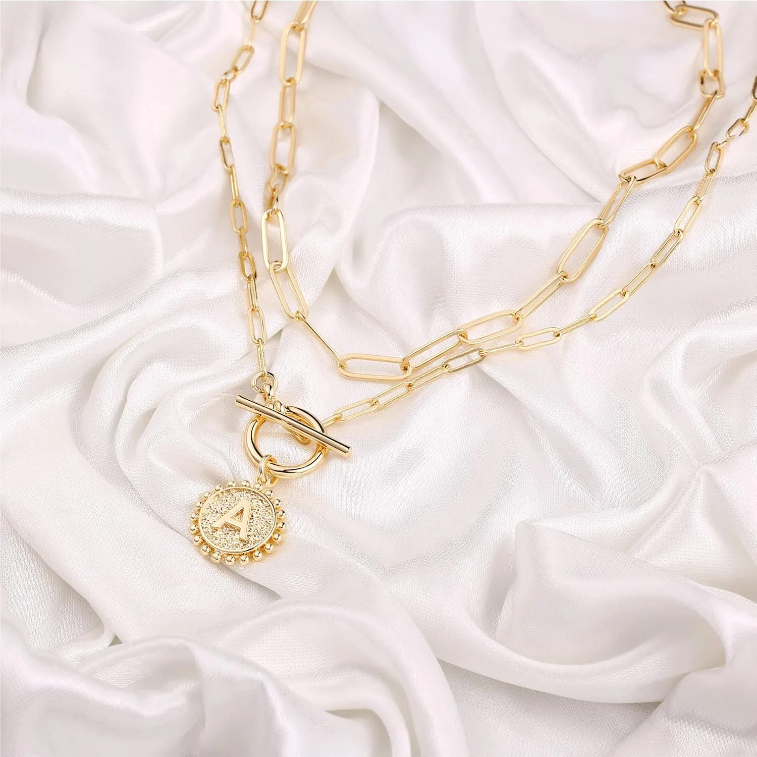 Gold Layered Initial Necklaces for Women, 14K Gold Plated Dainty Layering Paperclip Link Chain Necklace Personalized Toggle Clasp Coin Initial Pendant Layered Necklaces for Women Gold Jewelry