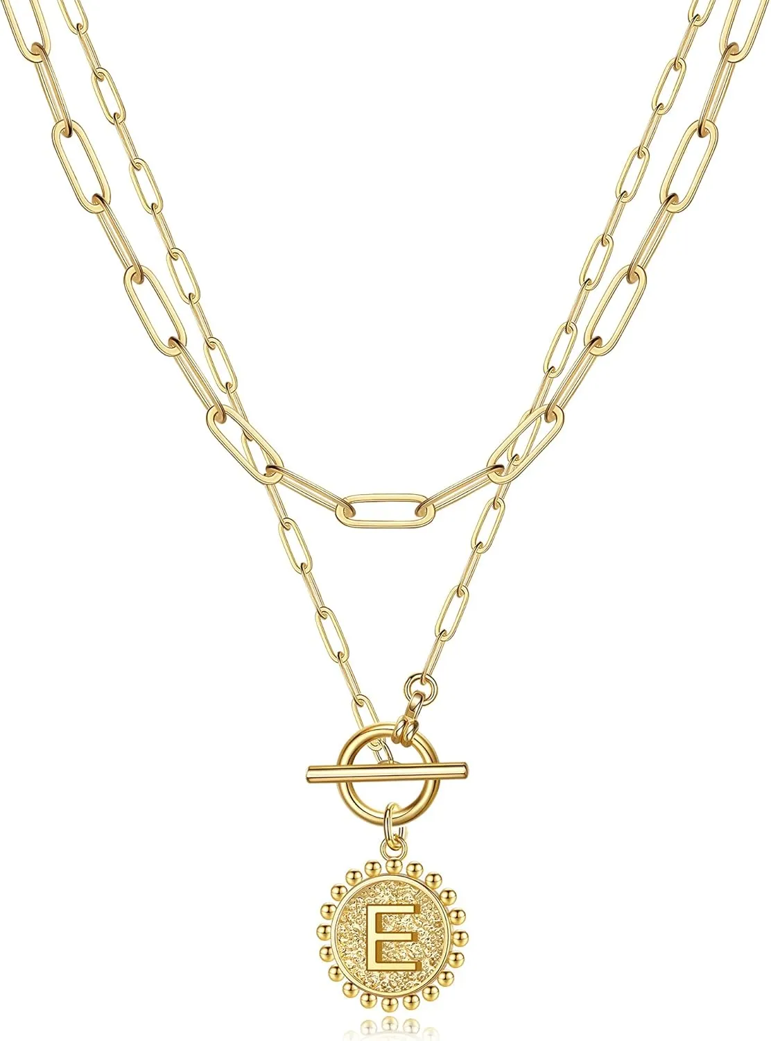 Gold Layered Initial Necklaces for Women, 14K Gold Plated Dainty Layering Paperclip Link Chain Necklace Personalized Toggle Clasp Coin Initial Pendant Layered Necklaces for Women Gold Jewelry