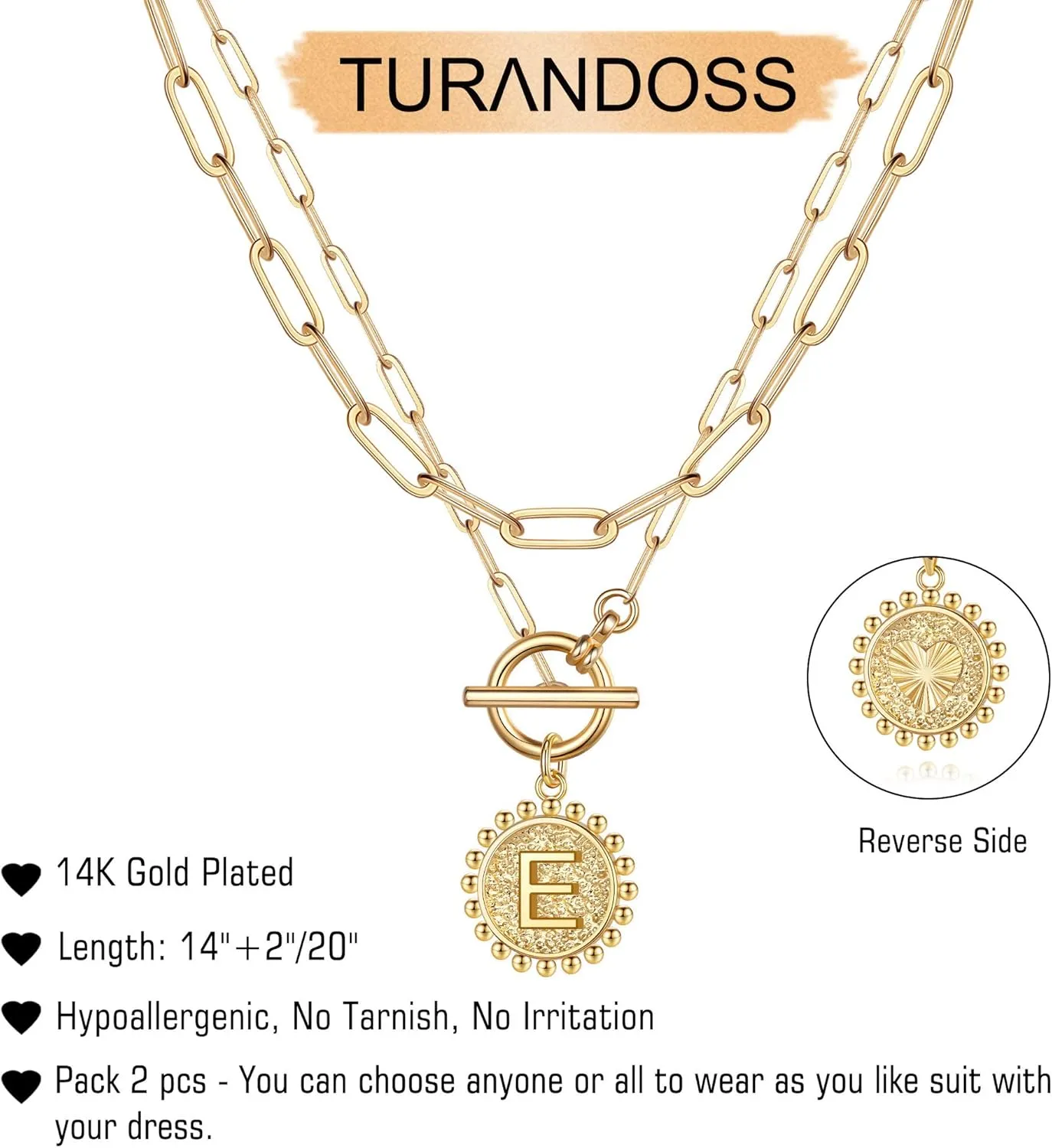 Gold Layered Initial Necklaces for Women, 14K Gold Plated Dainty Layering Paperclip Link Chain Necklace Personalized Toggle Clasp Coin Initial Pendant Layered Necklaces for Women Gold Jewelry