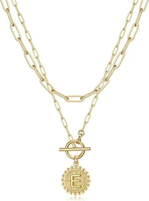 Gold Layered Initial Necklaces for Women, 14K Gold Plated Dainty Layering Paperclip Link Chain Necklace Personalized Toggle Clasp Coin Initial Pendant Layered Necklaces for Women Gold Jewelry