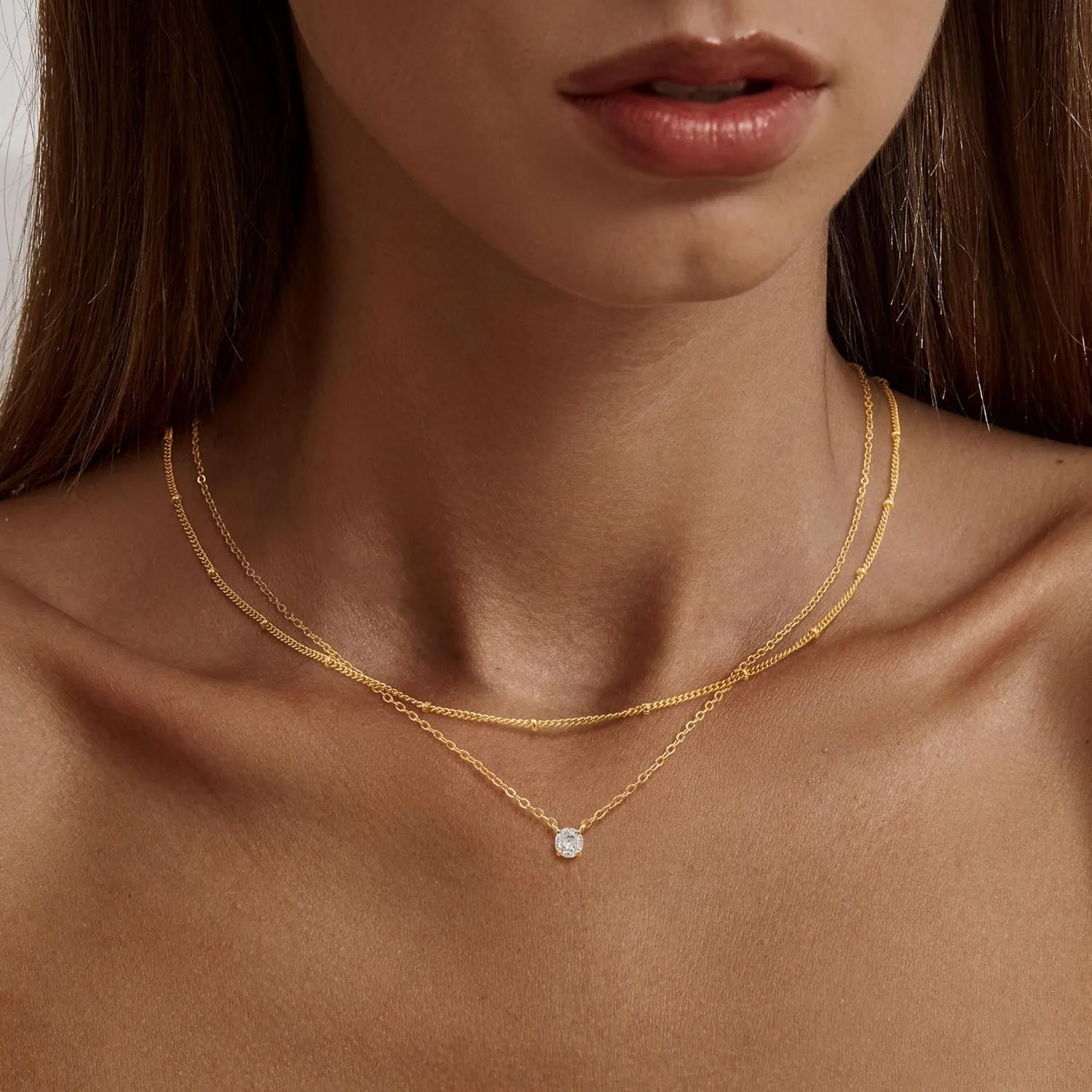 Gold Layered Necklace for Women, Dainty 14K Gold Plated CZ Diamond Pendant Necklace, Paperclip Satellite Cuban Lip Chain Choker Necklaces Jewelry Gift for Women Trendy