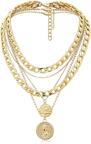 Gold Layered Necklaces for Women Chunky Choker Link Chain Trendy Retro Coin 14K Pendant Necklace Handmade Dainty Layering Poppy Lotus Rose Birth Flower Necklaces Gift