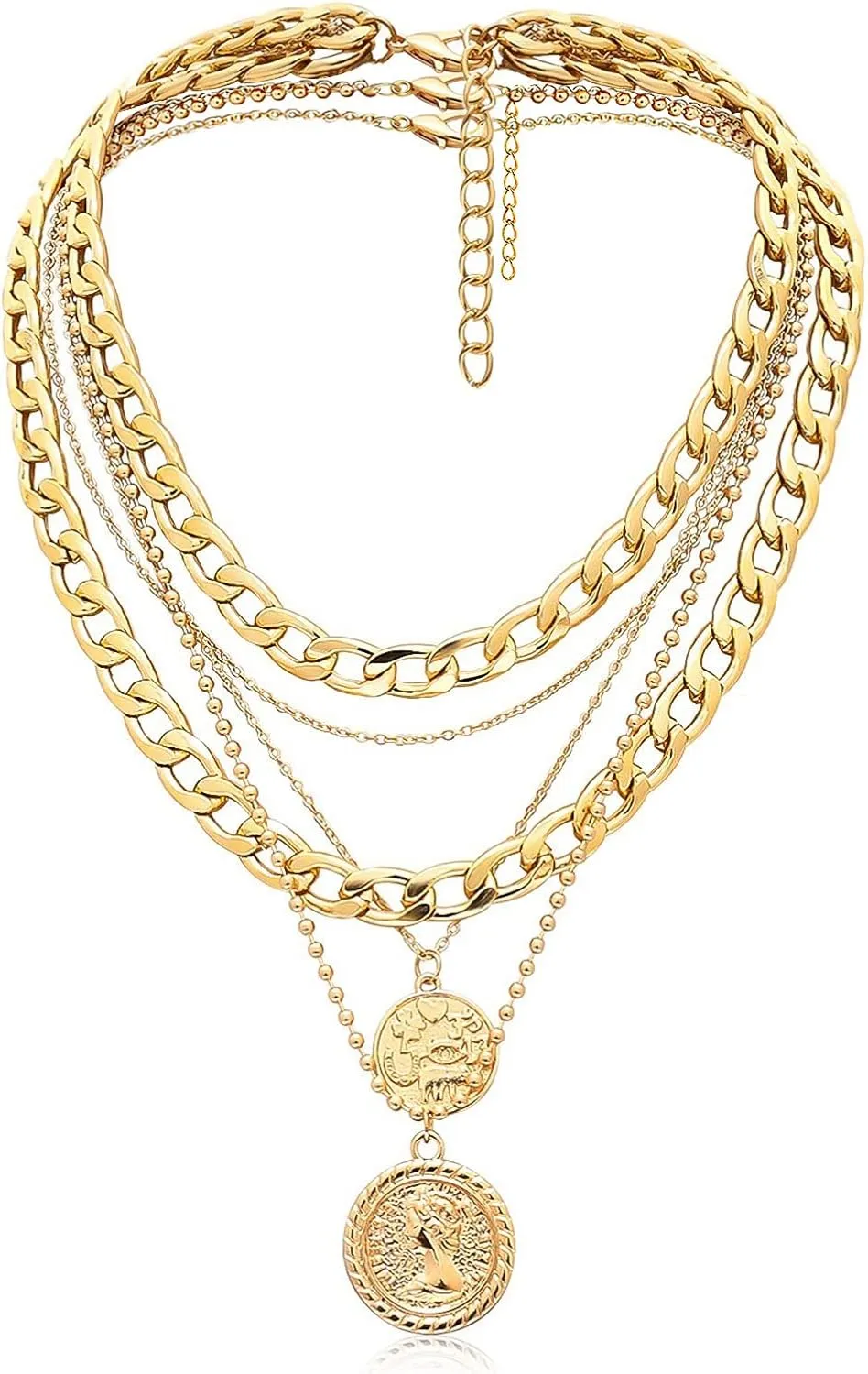 Gold Layered Necklaces for Women Chunky Choker Link Chain Trendy Retro Coin 14K Pendant Necklace Handmade Dainty Layering Poppy Lotus Rose Birth Flower Necklaces Gift