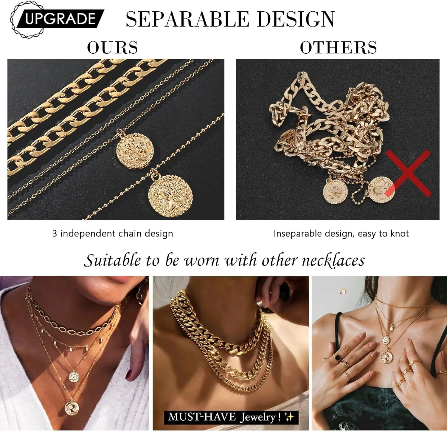Gold Layered Necklaces for Women Chunky Choker Link Chain Trendy Retro Coin 14K Pendant Necklace Handmade Dainty Layering Poppy Lotus Rose Birth Flower Necklaces Gift
