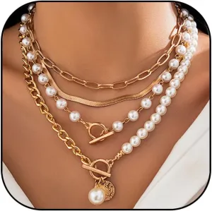 Gold Layered Necklaces for Women Pearl Chocker Paperclip Chain Cuban Link Snake Chain Coin Pearl Pendant OT Clasp Stackable Chocker Necklaces Jewelry Gift for Women