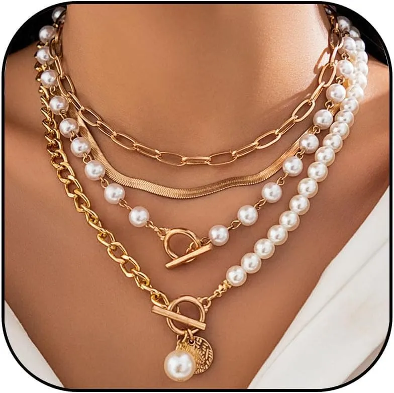 Gold Layered Necklaces for Women Pearl Chocker Paperclip Chain Cuban Link Snake Chain Coin Pearl Pendant OT Clasp Stackable Chocker Necklaces Jewelry Gift for Women
