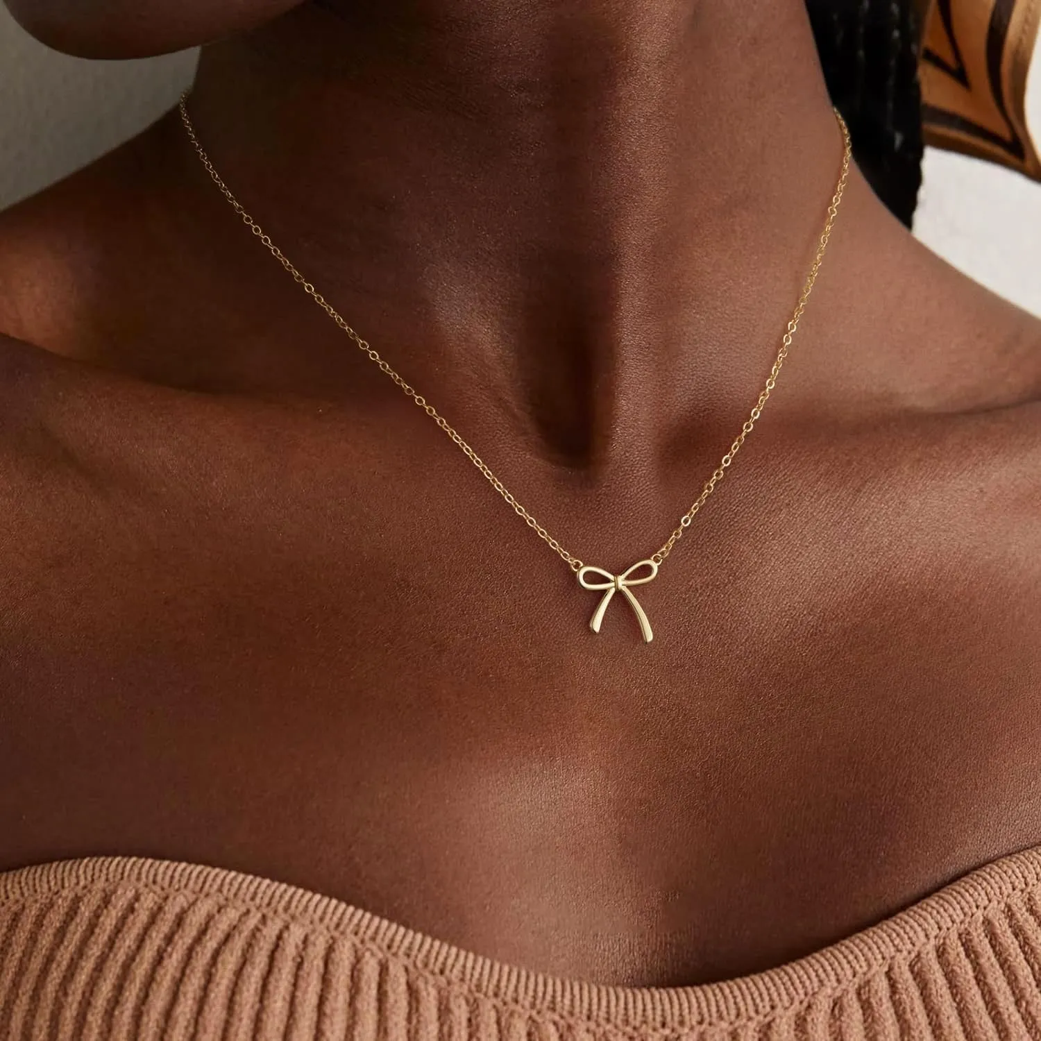 Gold Necklace for Women Dainty Bow Necklace 14K Gold Plated Cute Choker Necklace Small Bow Pendant Charm Necklaces Teen Gift Trendy Stuff Personalized Jewelry Gifts