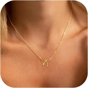 Gold Necklace for Women Dainty Bow Necklace 14K Gold Plated Cute Choker Necklace Small Bow Pendant Charm Necklaces Teen Gift Trendy Stuff Personalized Jewelry Gifts