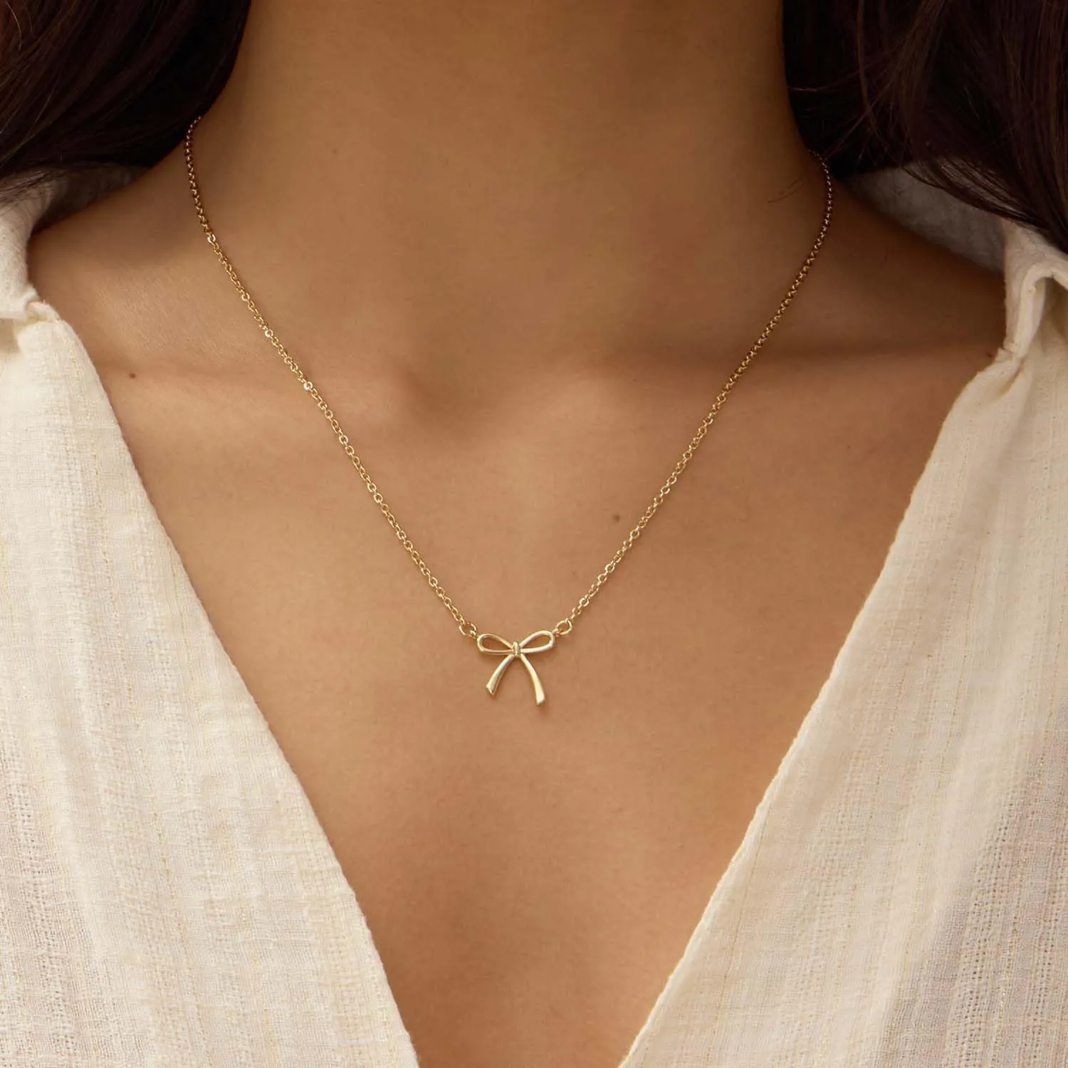 Gold Necklace for Women Dainty Bow Necklace 14K Gold Plated Cute Choker Necklace Small Bow Pendant Charm Necklaces Teen Gift Trendy Stuff Personalized Jewelry Gifts