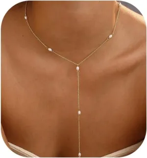 Gold Necklace for Women, Dainty Gold Long Necklaces 14k Gold Plated Prom Bar CZ Lariat Necklace Simple Choker Necklaces for Women Trendy Boho Fashion Costume Jewelry Womens