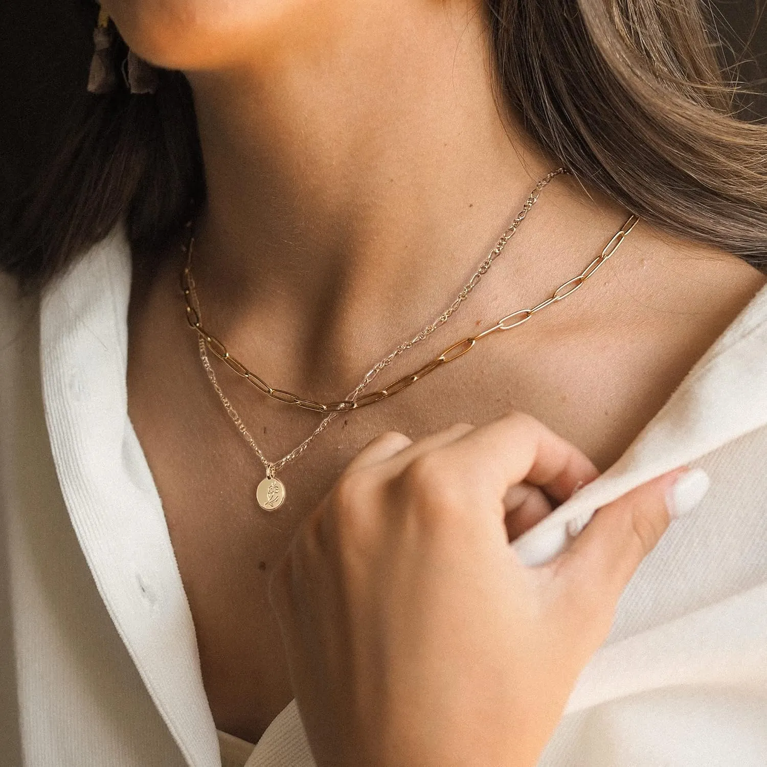 Gold Necklace for Women Layered Birth Flower Necklaces 18K Gold Plated Custom Birth Month Floral Necklaces Paperclip Chain Necklace Women Anniversary Birthday Gifts for Women