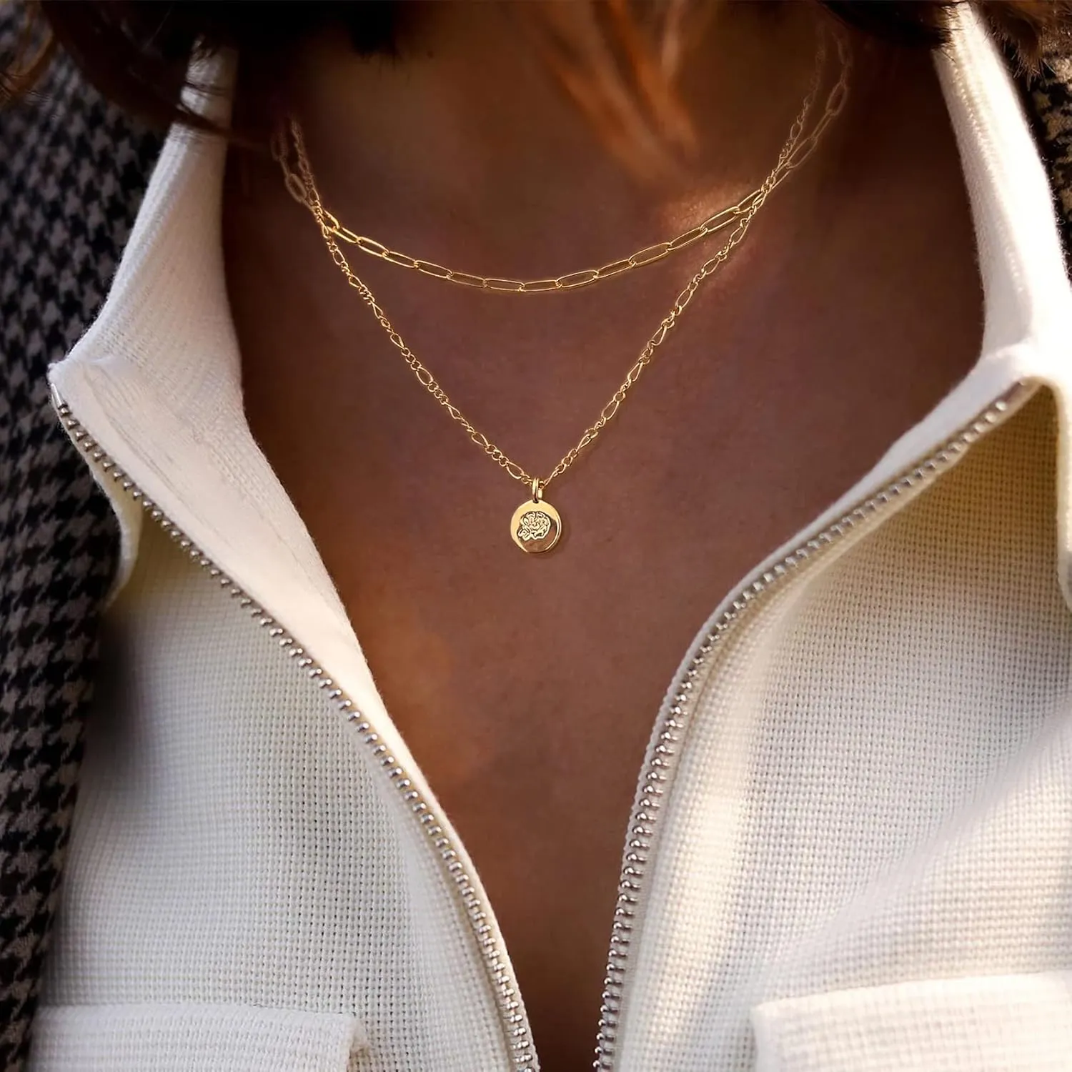 Gold Necklace for Women Layered Birth Flower Necklaces 18K Gold Plated Custom Birth Month Floral Necklaces Paperclip Chain Necklace Women Anniversary Birthday Gifts for Women