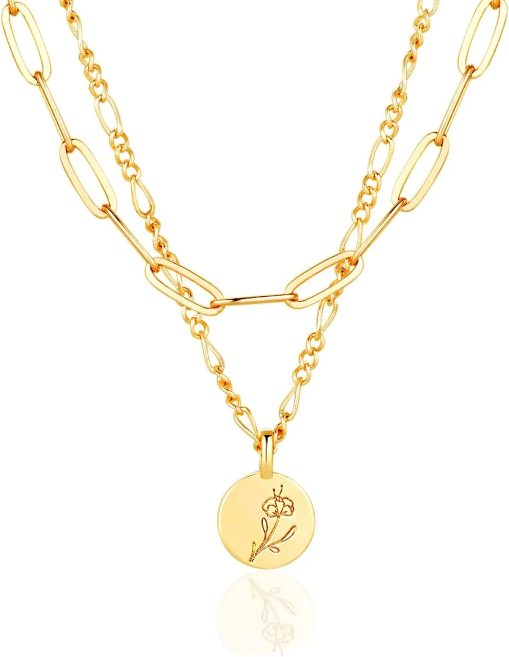 Gold Necklace for Women Layered Birth Flower Necklaces 18K Gold Plated Custom Birth Month Floral Necklaces Paperclip Chain Necklace Women Anniversary Birthday Gifts for Women