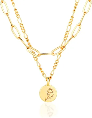 Gold Necklace for Women Layered Birth Flower Necklaces 18K Gold Plated Custom Birth Month Floral Necklaces Paperclip Chain Necklace Women Anniversary Birthday Gifts for Women