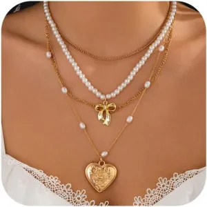 Gold Pearl Bow Necklace for Women Layered Choker Chain Necklace Bow Necklace,Layered Initial Necklaces Cute Bow Pendant Jewelry Trendy Necklaces for Women Gold Jewelry Gift