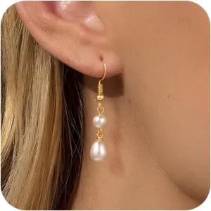 Gold Pearl Dangle Earrings for Women, 14K Gold Plated Small Pearl Drop Huggie Hoop Earrings, Hypoallergenic Dainty Gold Earrings Wedding Jewelry Gifts for Women Trendy