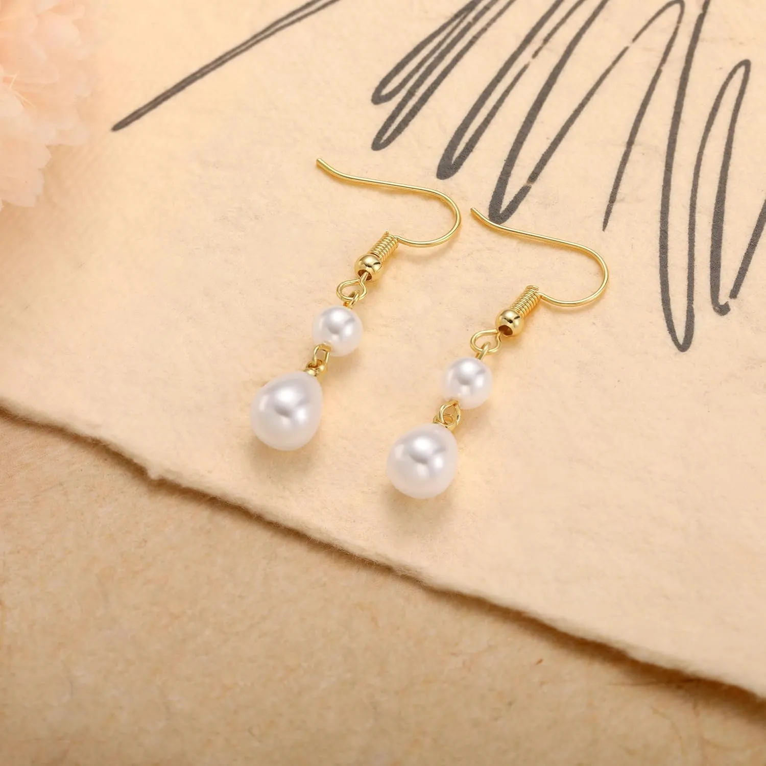 Gold Pearl Dangle Earrings for Women, 14K Gold Plated Small Pearl Drop Huggie Hoop Earrings, Hypoallergenic Dainty Gold Earrings Wedding Jewelry Gifts for Women Trendy